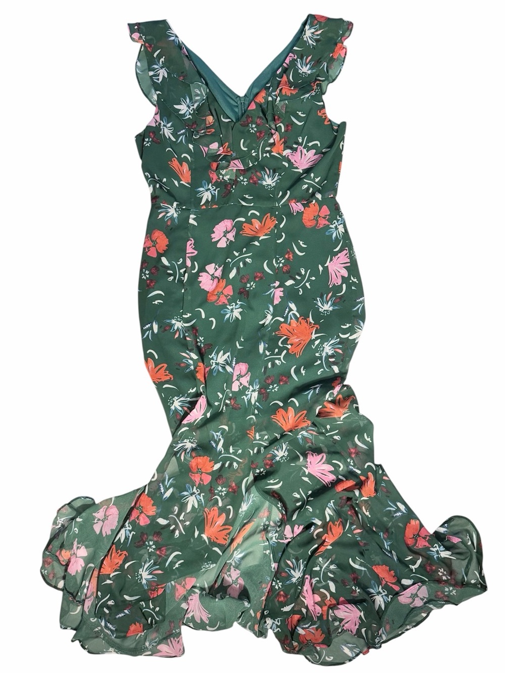 C/MEO Collective | Elude Green Floral Midi High Low V-neck Chiffon Romance Dress